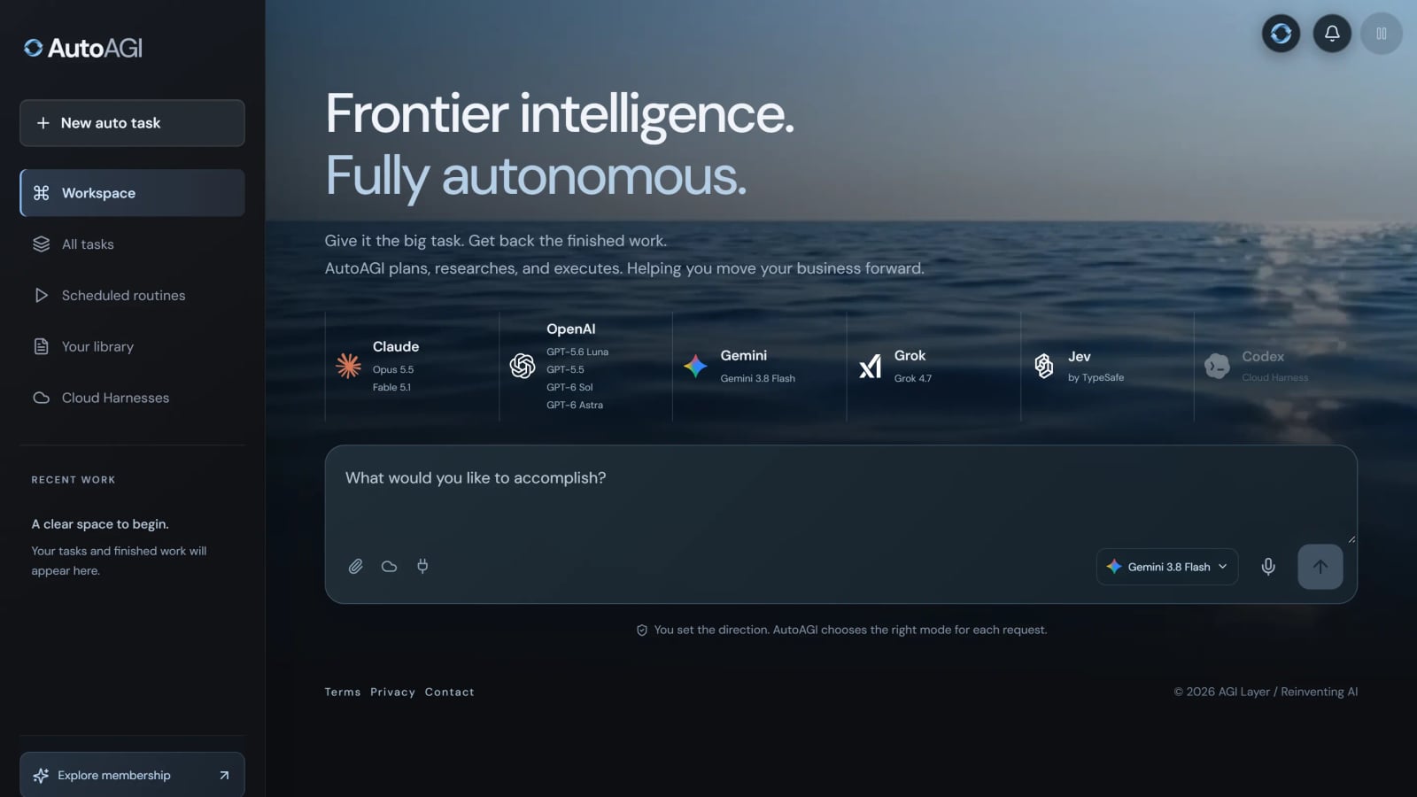 The AutoAGI workspace: a task composer over an ocean scene, with Claude, OpenAI, Gemini, Grok, Jev and Codex ready to be routed