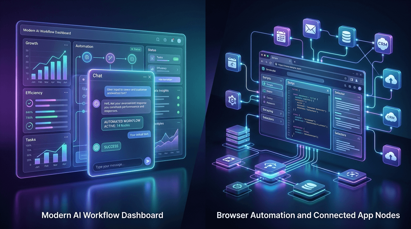 AI workflow dashboard comparing browser automation and app integrations for ChatGPT automation solutions