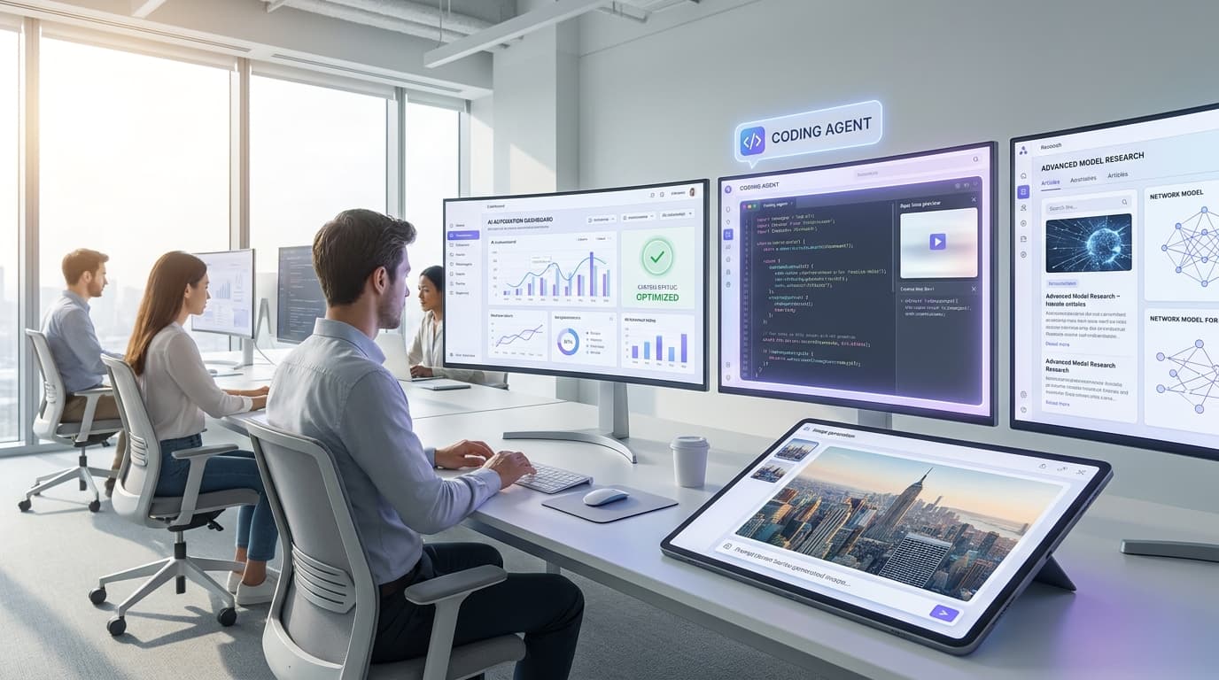 Editorial illustration of AI-powered business and developer workflows in 2026 with hands-free automation and image generation